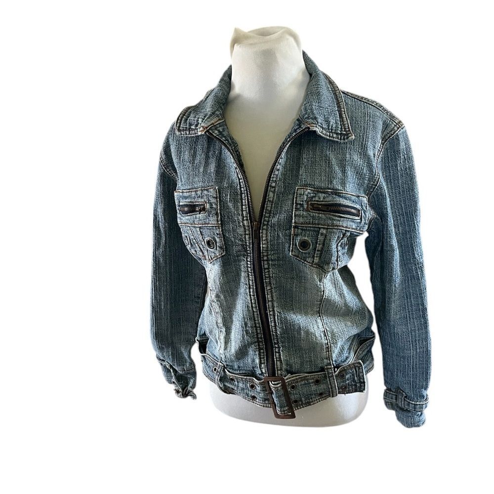 Y2K Crest Jeans Distressed Moto Denim Jacket grommets steampunk  fits S